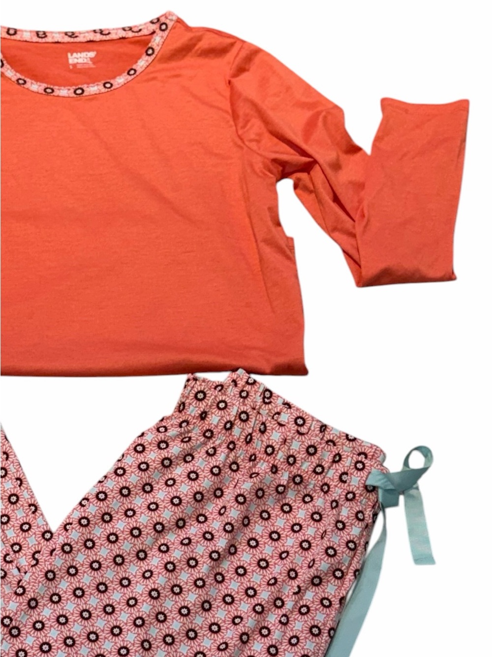 Lands End Women's 2-Piece Pajama Set Coral Pink Geometric Floral Size Small - Picture 2 of 8